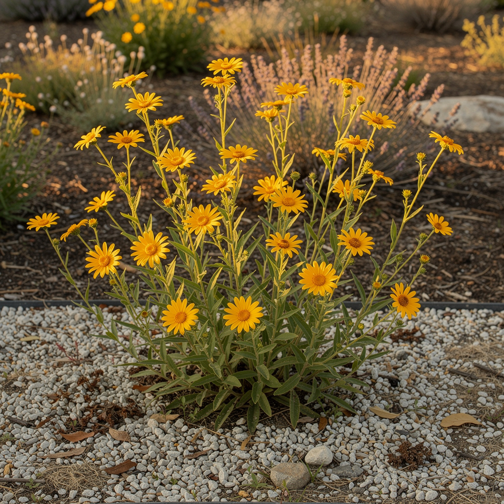 Nombreuses petites fleurs jaunes d’hélianthus sur hautes tiges