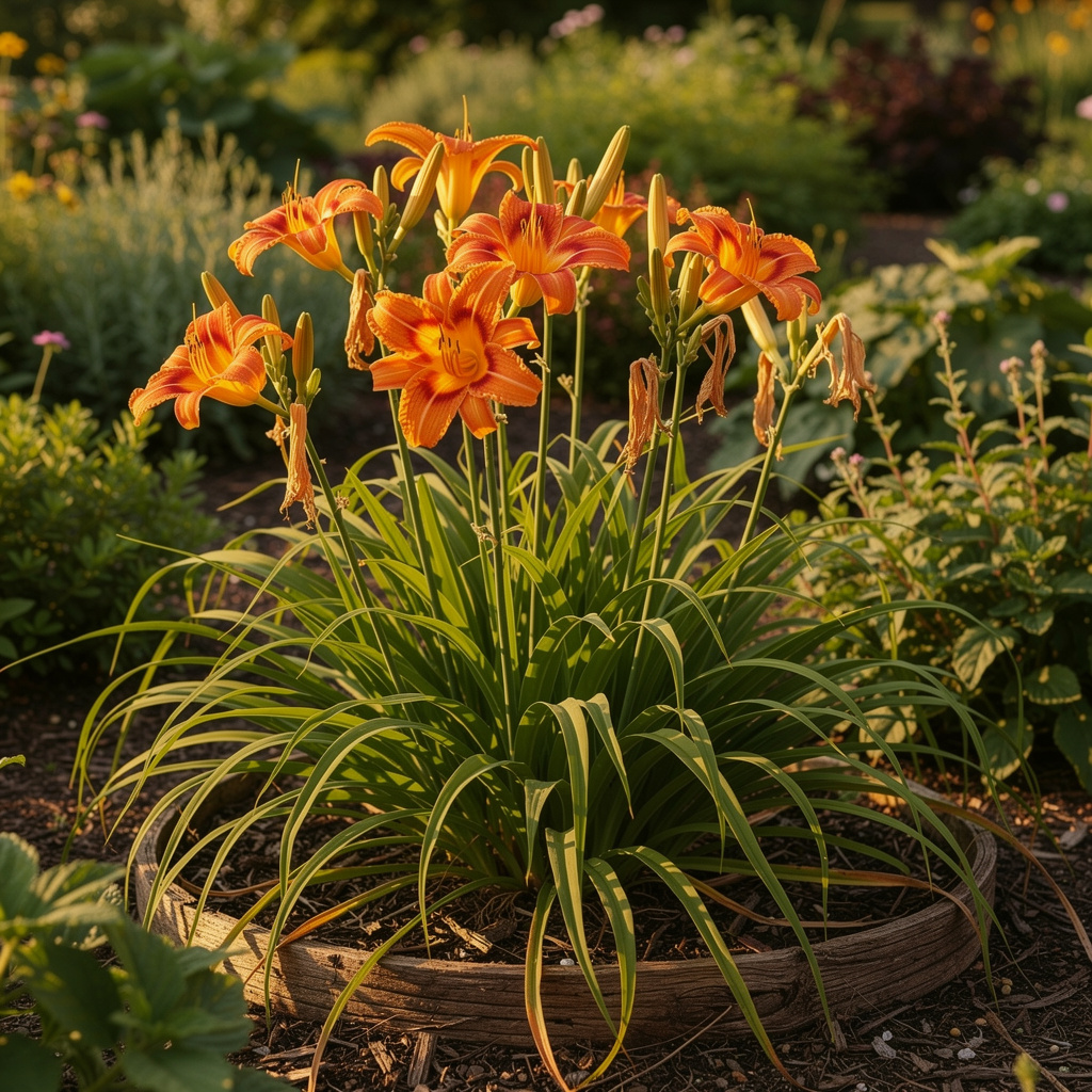 Grandes fleurs orange d’hémérocalle au jardin