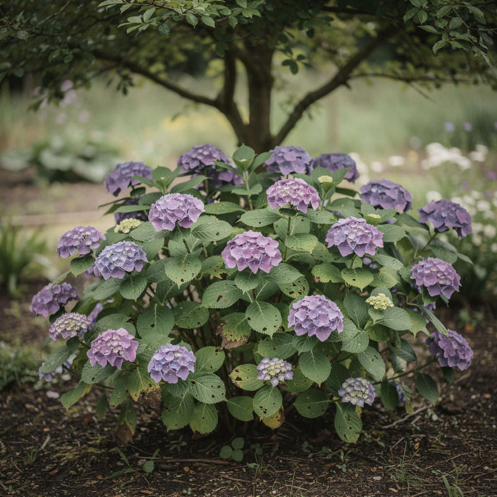 Hortensia violet en mi-ombre sous un petit arbre