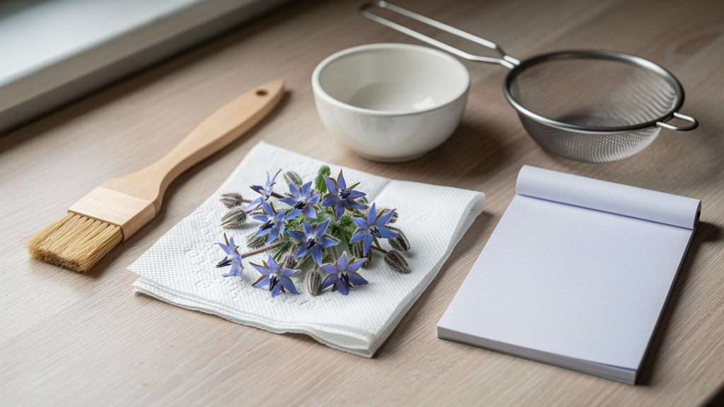 Quelques fleurs de bourrache sur papier absorbant avec pinceau propre