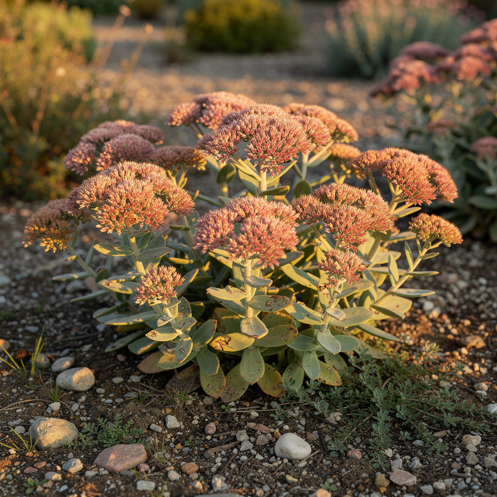 Ombelles cuivrées de sedum en fin d’été au soleil