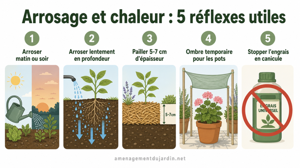 Infographie des 5 réflexes d’arrosage et d’ombre en été