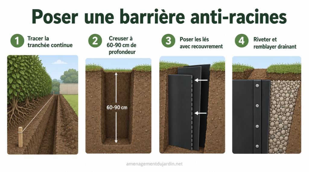 Schéma des étapes pour poser une barrière anti-racines