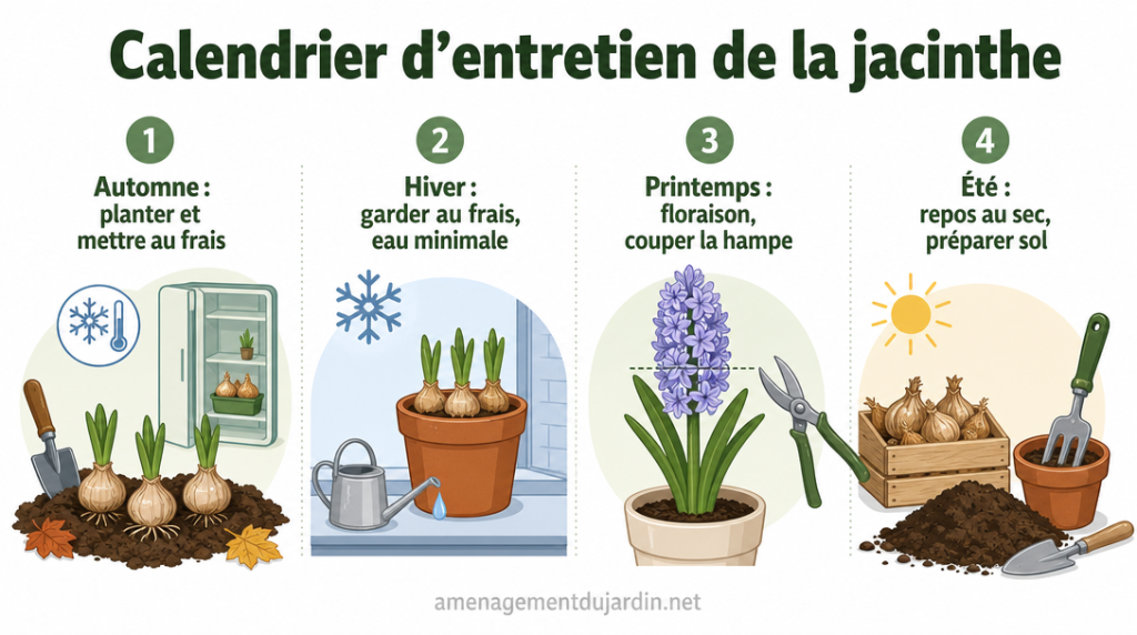 Infographie des 4 saisons pour entretenir la jacinthe