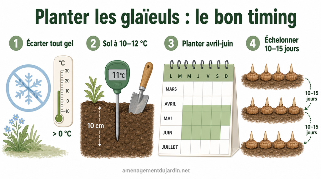 Infographie calendrier et température du sol pour planter les glaïeuls