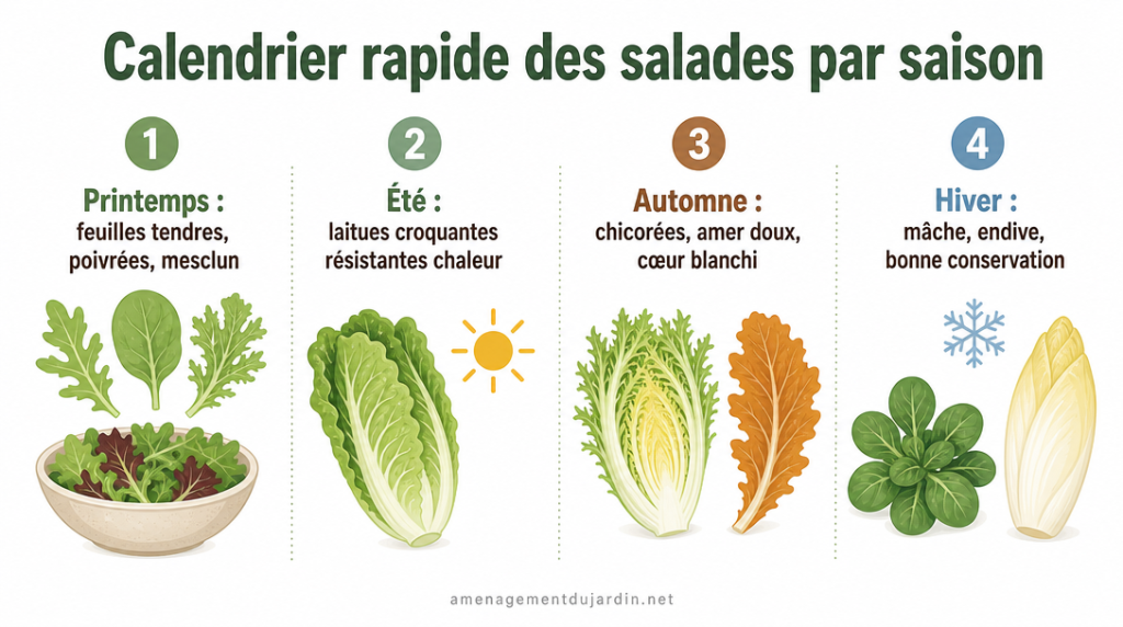 Infographie calendrier des salades par saison, 4 étapes