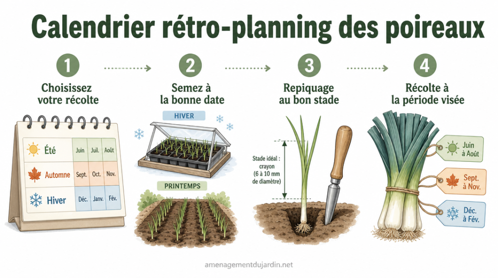 Infographie calendrier rétro‑planning des semis de poireaux