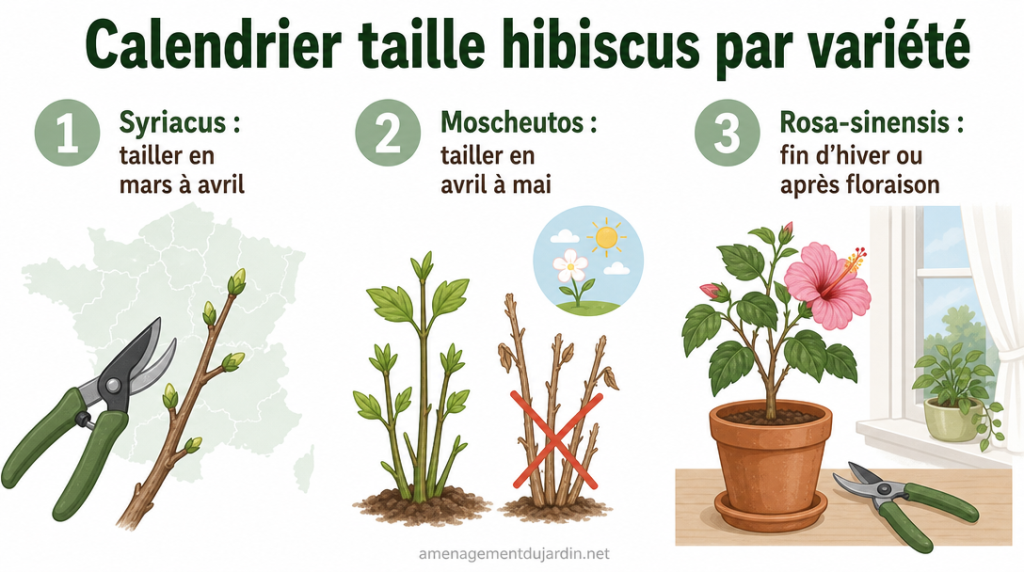 Infographie calendrier de taille pour trois types d’hibiscus