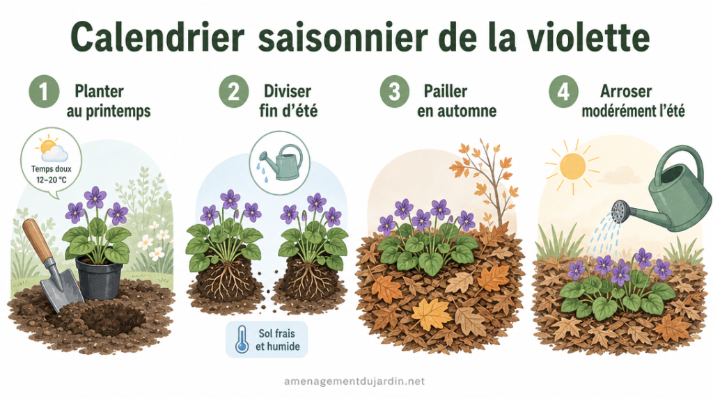 Infographie calendrier des gestes de culture de la violette sur 4 saisons