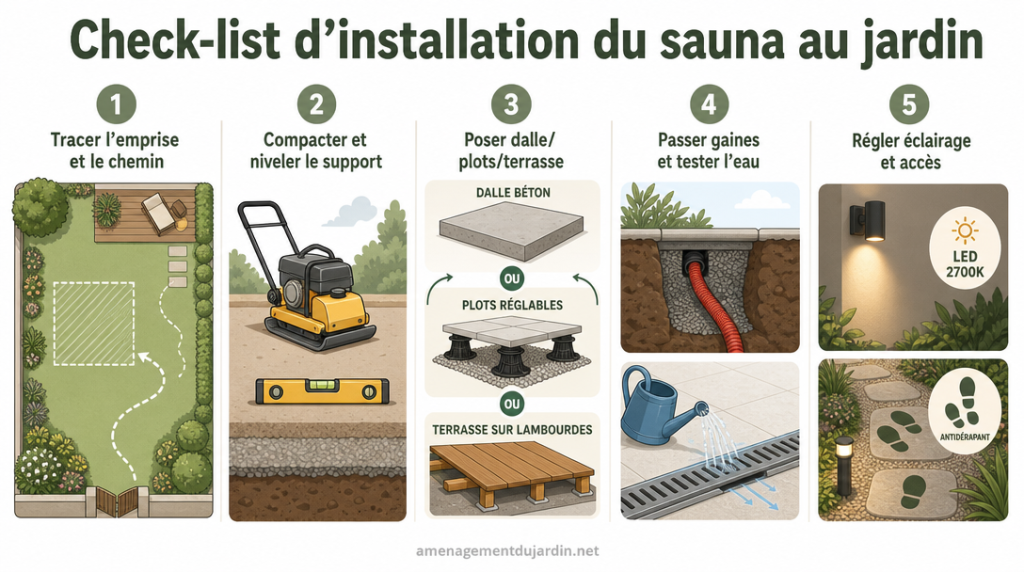 Infographie des 5 étapes clés pour installer le sauna au jardin