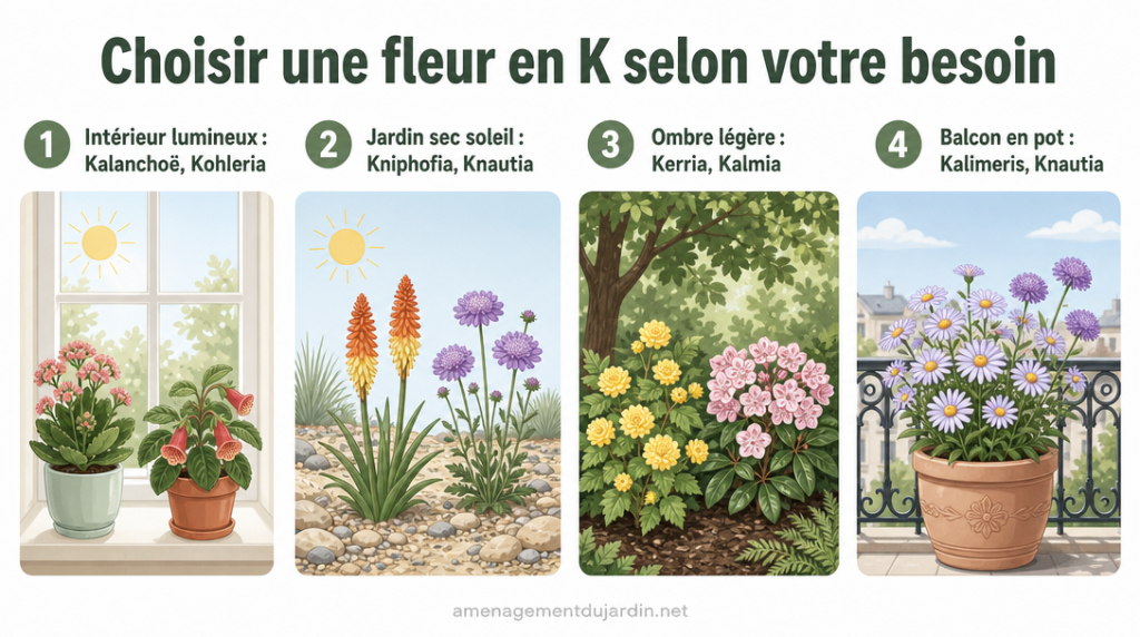 Infographie pour choisir une fleur selon exposition et usage