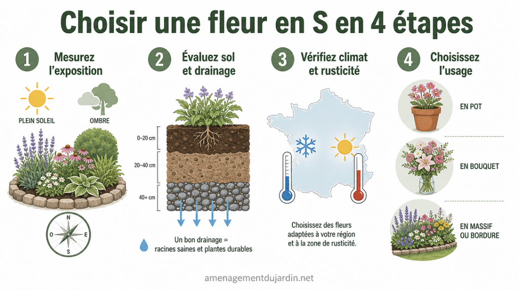 Étapes clés pour choisir une fleur selon lumière, sol, climat et usage
