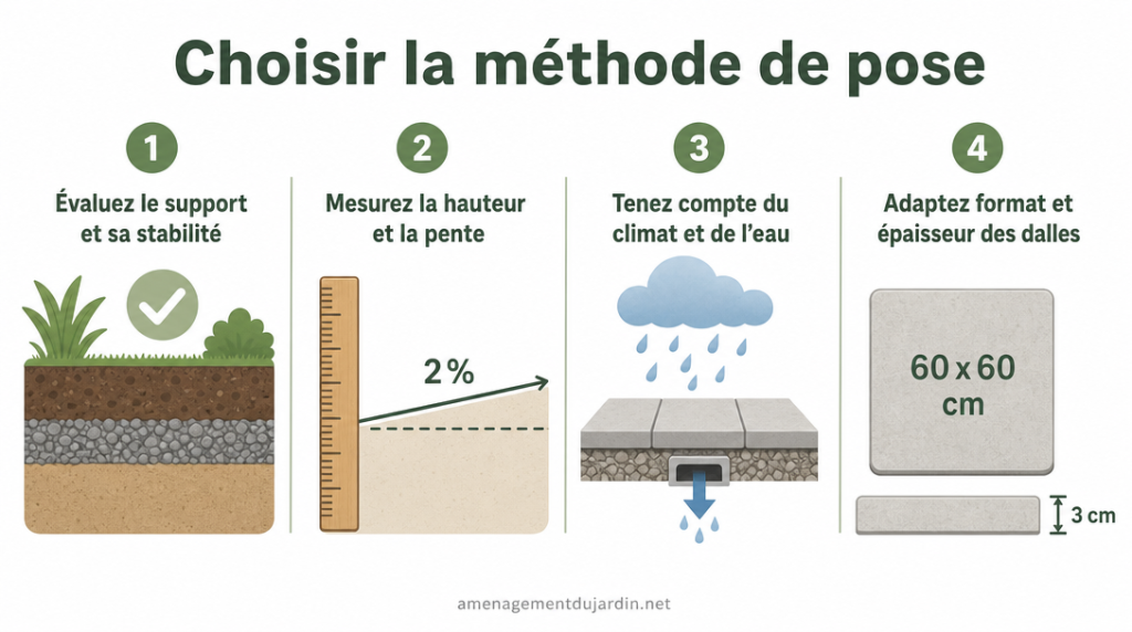 Infographie choix méthode de pose selon support, pente et climat