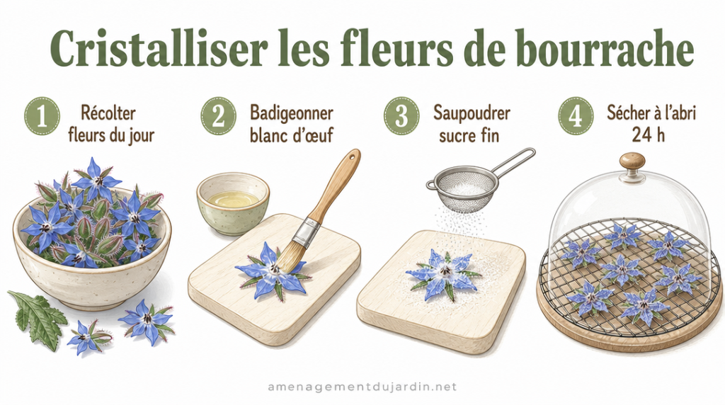Schéma des étapes pour cristalliser des fleurs de bourrache