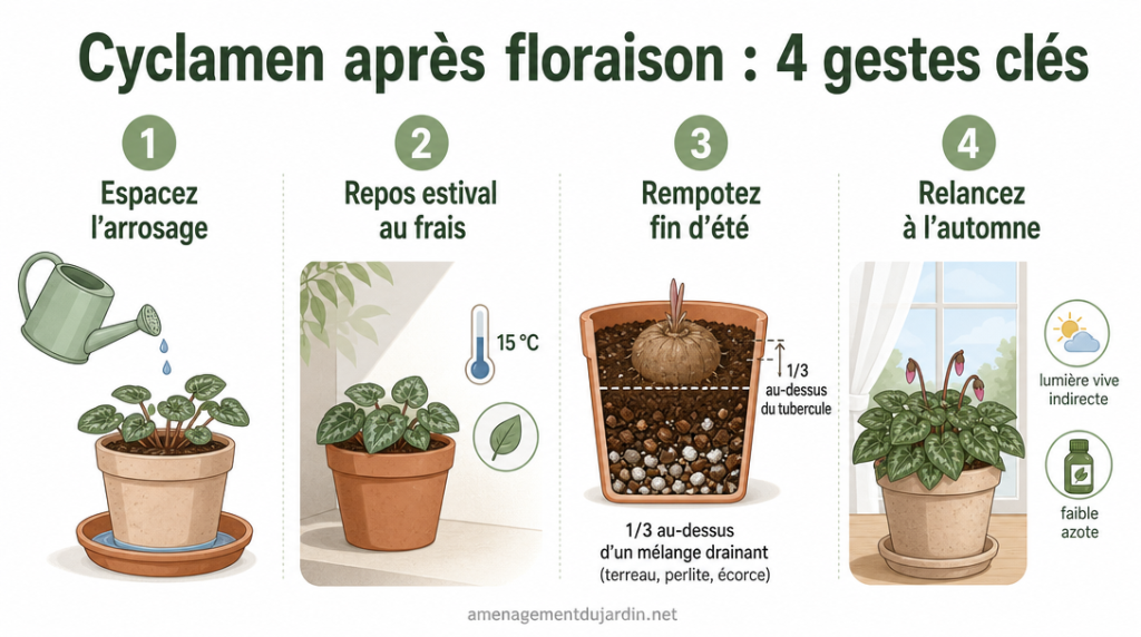 Infographie des étapes clés après la floraison du cyclamen