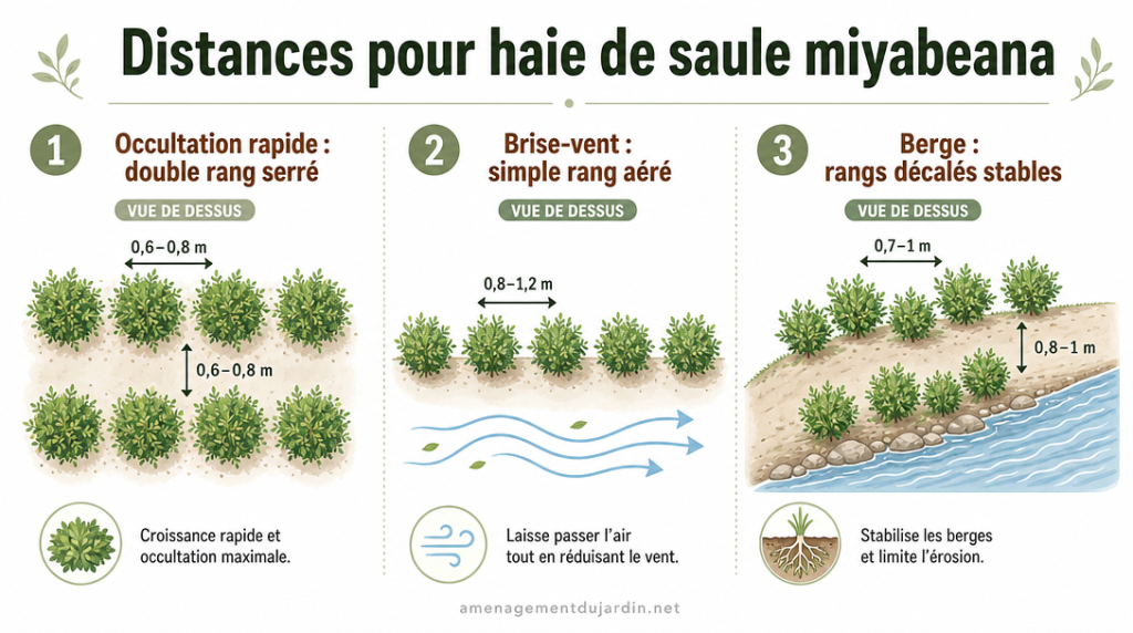 Schéma des espacements pour haie occultante, brise-vent et berge