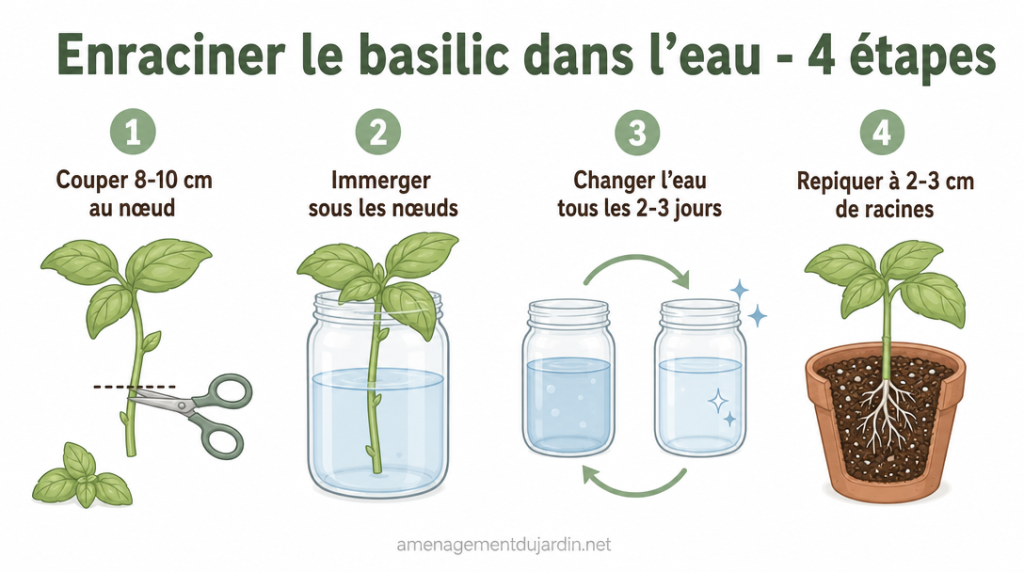 Infographie des étapes pour enraciner le basilic dans l’eau