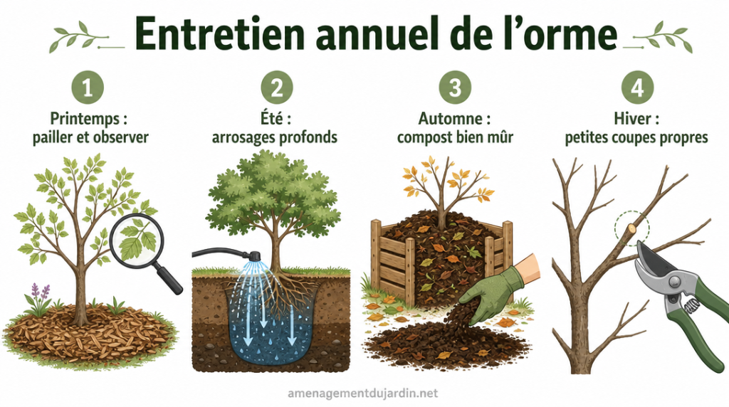 Calendrier saisonnier entretien d’un orme en 4 temps