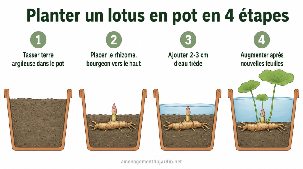 Infographie des 4 étapes clés pour planter un lotus en pot