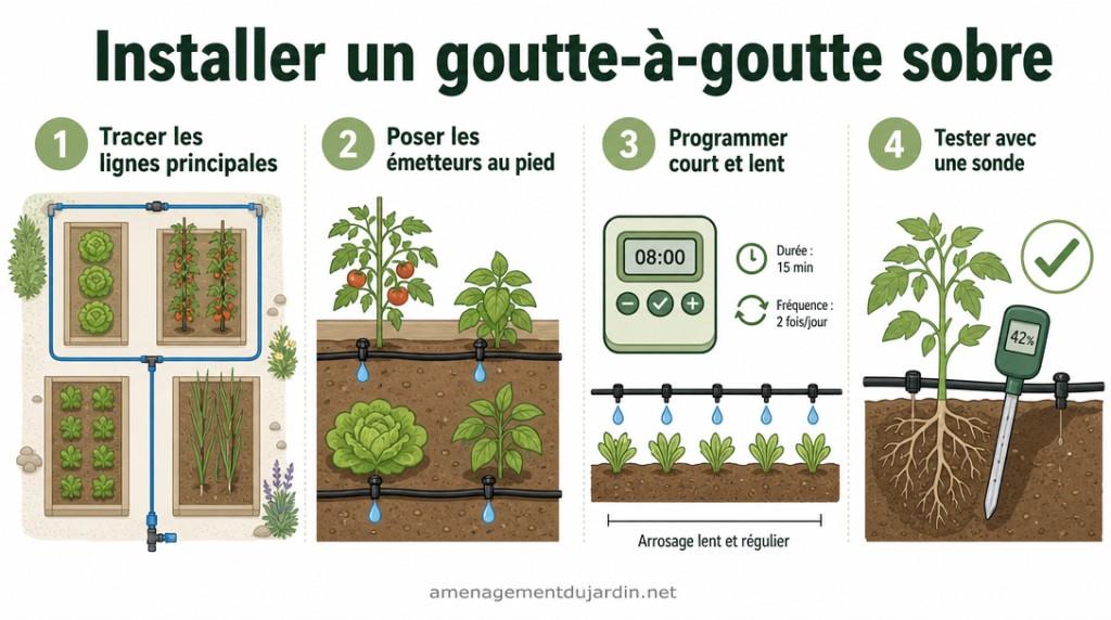 Infographie étapes clés pour poser un goutte-à-goutte économe
