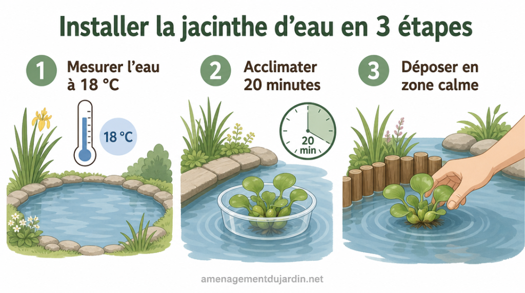 Infographie en 3 étapes pour installer la plante en bassin