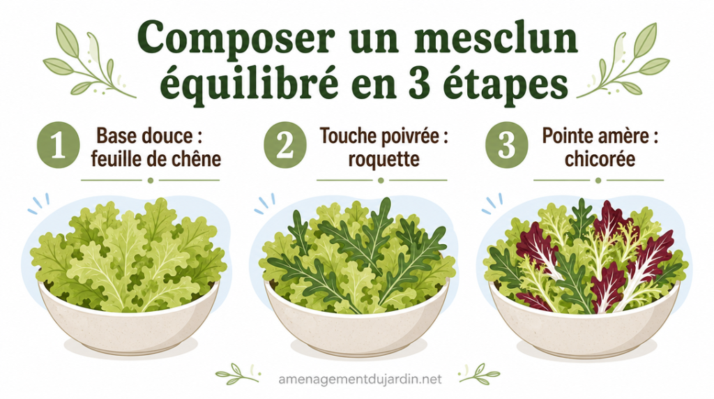 Infographie trois étapes pour composer un mesclun équilibré