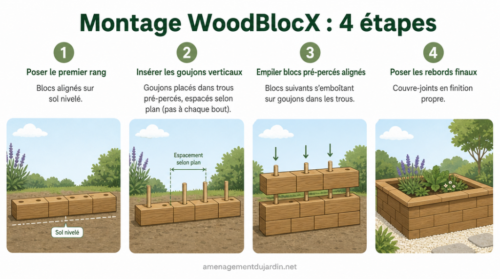 Schéma du montage WoodBlocX avec goujons verticaux alignés