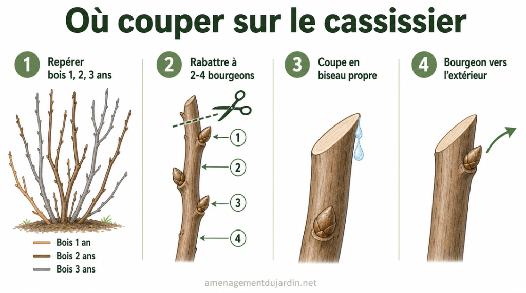 Schéma des zones de coupe et âge du bois sur cassissier