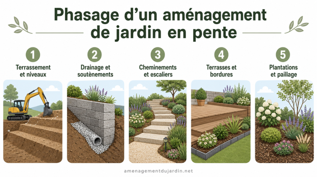 Phases clés d’un aménagement de jardin en pente