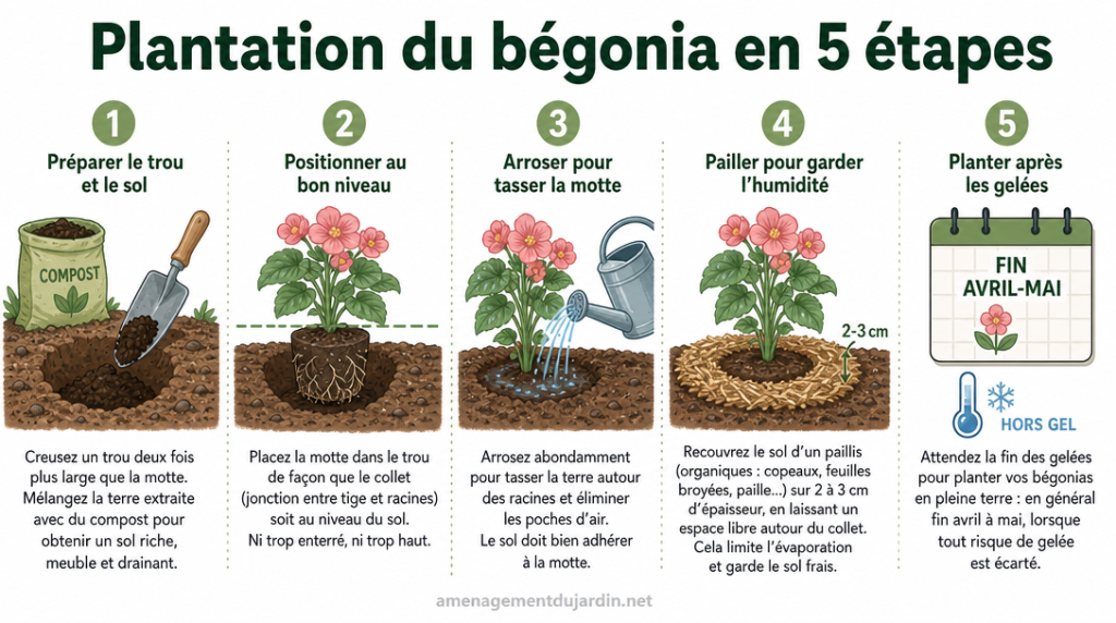 Schéma des cinq étapes clés pour planter un bégonia correctement