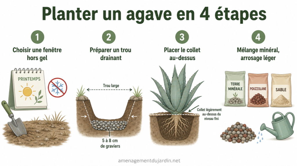 Infographie plantation agave en quatre étapes simples et visuelles
