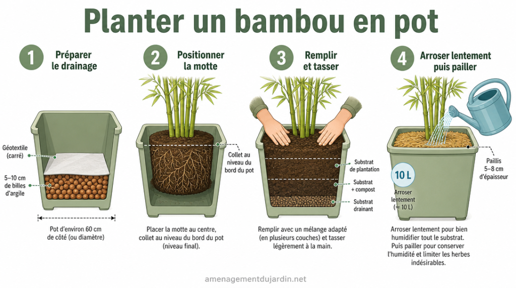 Schéma des étapes clés pour planter un bambou en pot