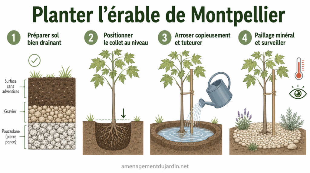 Infographie en 4 étapes pour planter un érable avec drainage et paillage