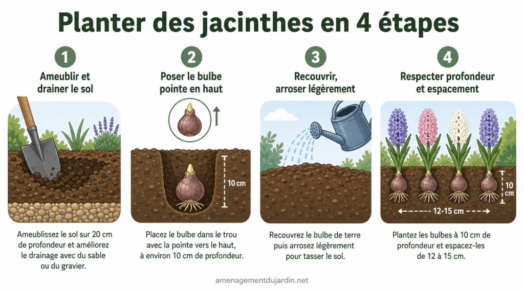 Schéma en 4 étapes de plantation avec profondeur et espacement
