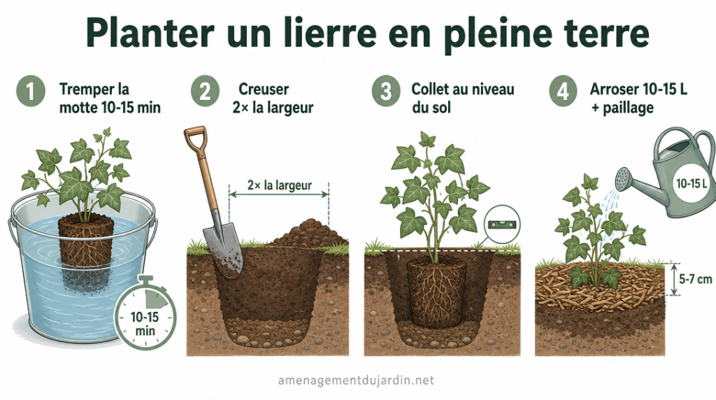 Schéma des étapes planter la motte, positionner, arroser et pailler