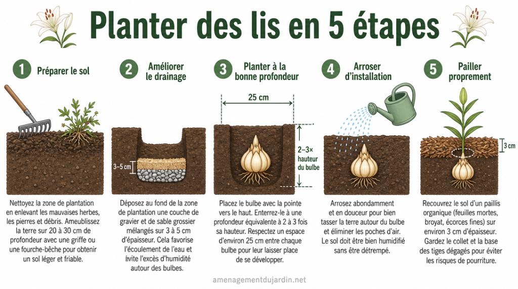 Infographie en 5 étapes pour planter correctement des lis
