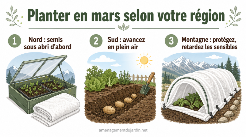 Infographie des repères Nord, Sud et montagne pour planter en mars