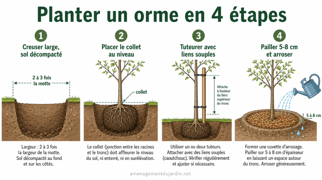 Schéma des étapes clés de plantation d’un orme