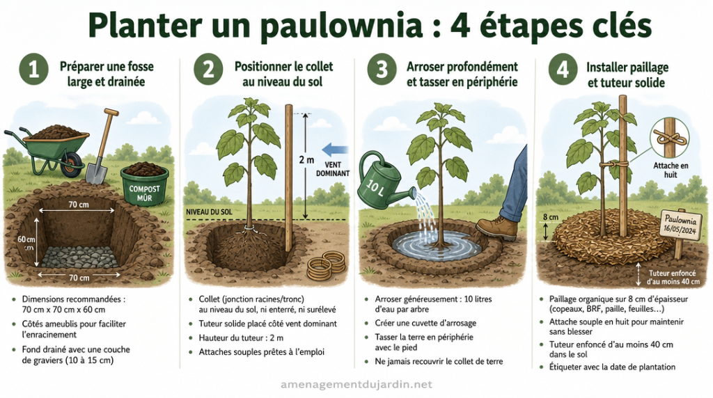 Infographie des étapes de plantation d’un paulownia