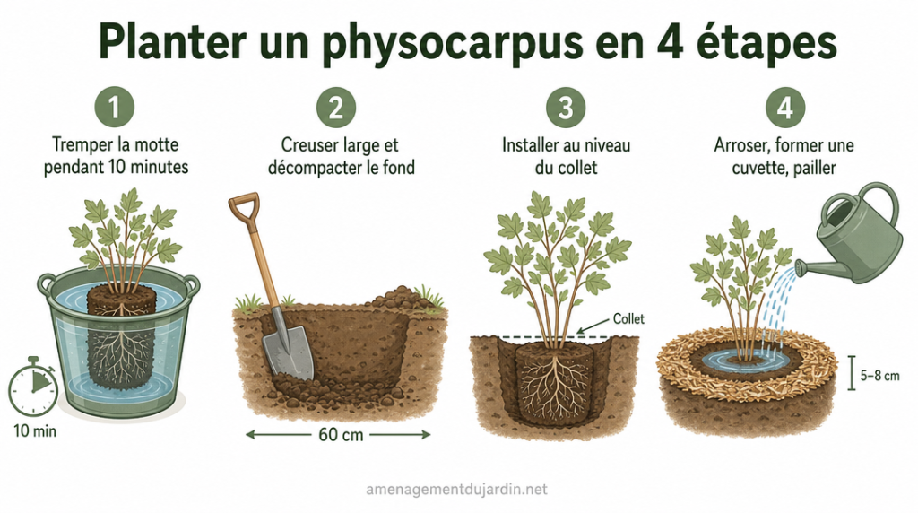 Infographie plantation du physocarpus en quatre étapes