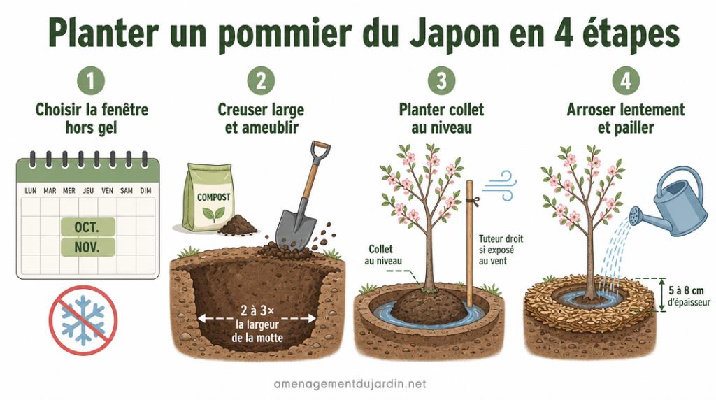 Schéma des 4 étapes de plantation d’un pommier ornemental