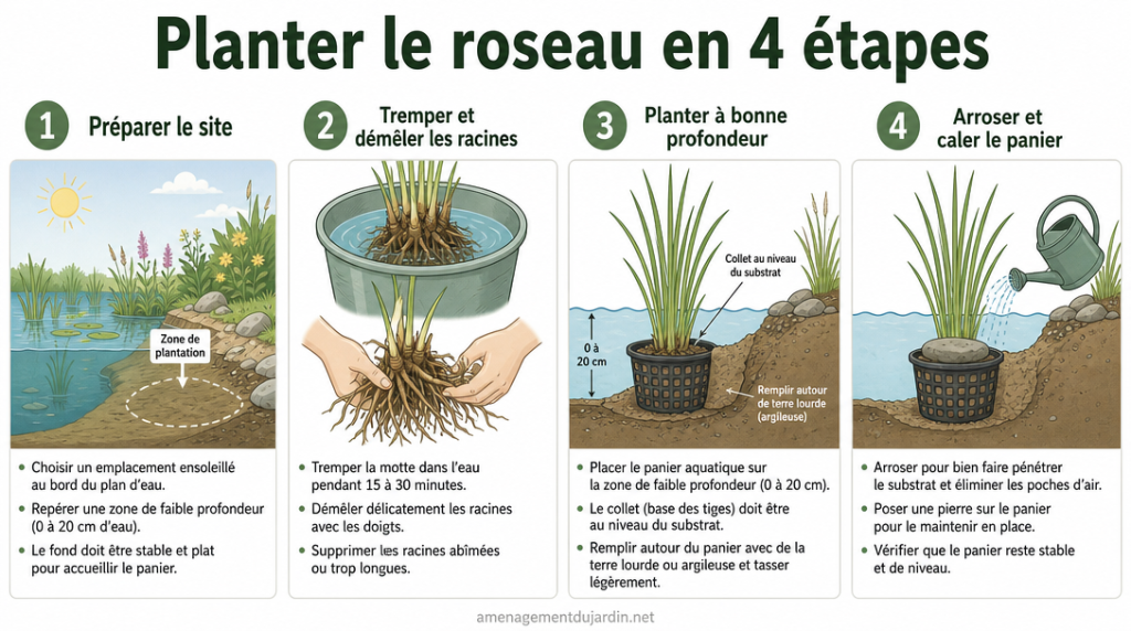 Schéma clair des étapes de plantation en panier aquatique