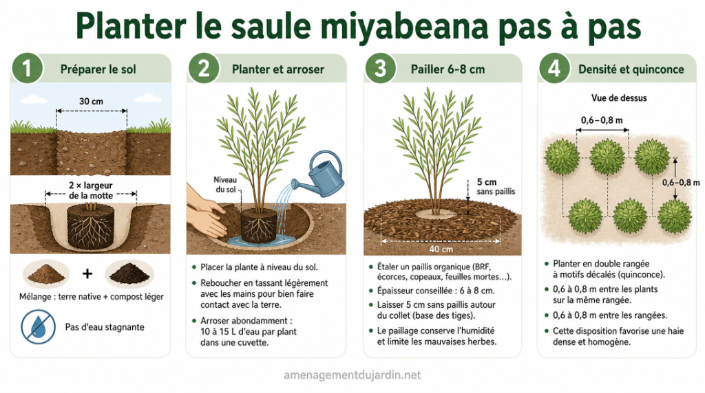 Infographie des 4 étapes pour planter un saule miyabeana