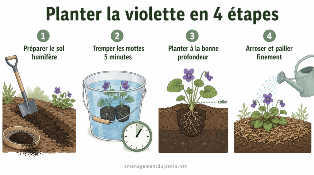 Infographie des étapes de plantation et paillage de la violette