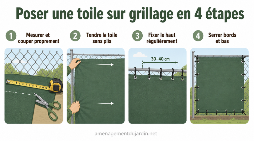 Infographie pas à pas pour poser une toile sur grillage