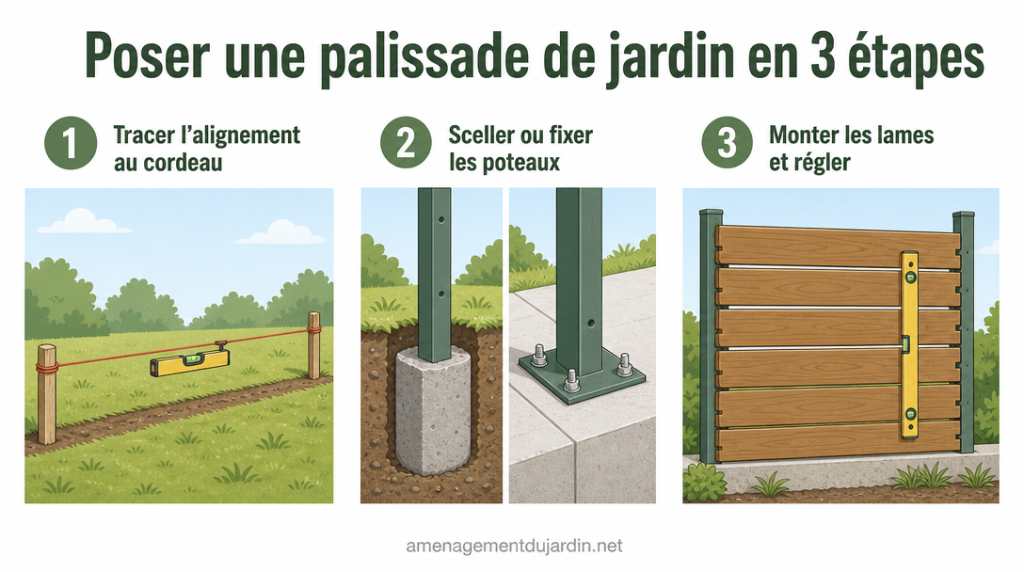 Infographie en 3 étapes pour poser et régler une palissade de jardin