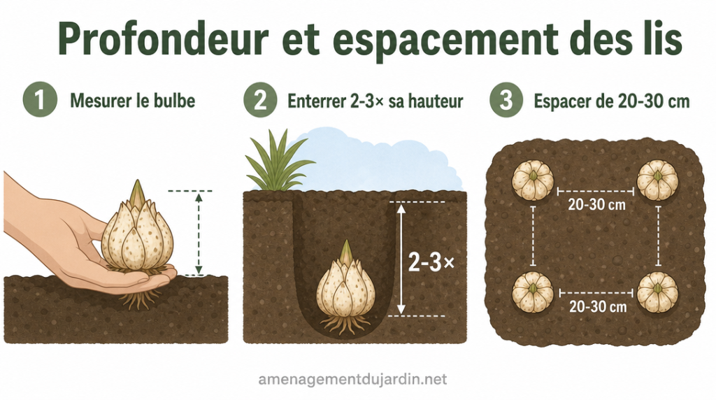 Coupe de sol montrant profondeur et espacement des bulbes de lis