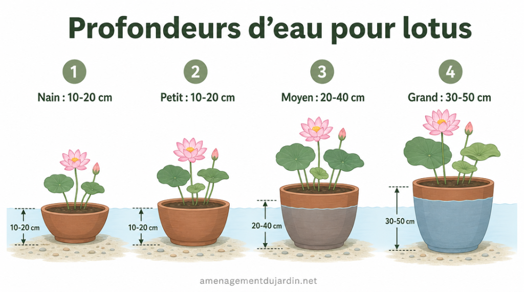Schéma des profondeurs d’eau pour lotus nain, petit, moyen et grand