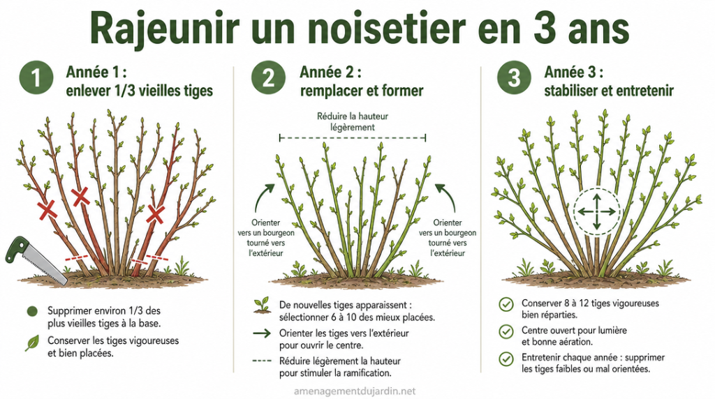 Infographie en 3 étapes pour rajeunir un noisetier et stabiliser 8 à 12 tiges