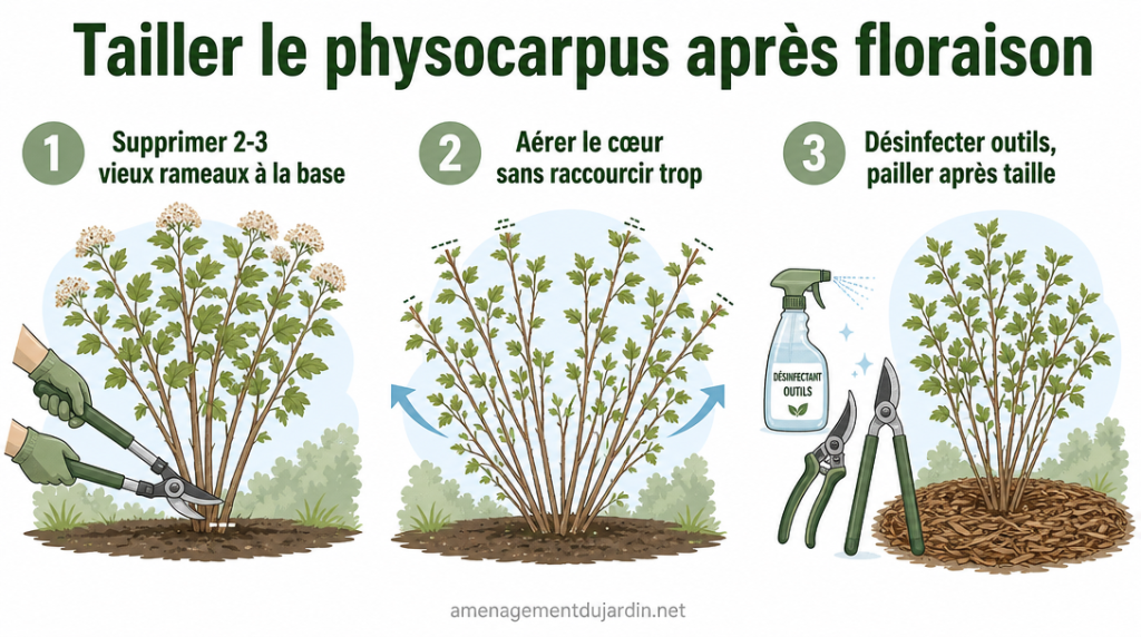 Infographie taille légère du physocarpus en trois étapes
